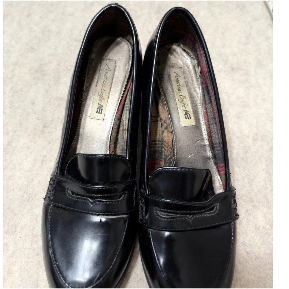 Y2K Heeled Penny Loafers Black Patent Leather Block Heel Shoes 8 Twee Preppy Mod_4